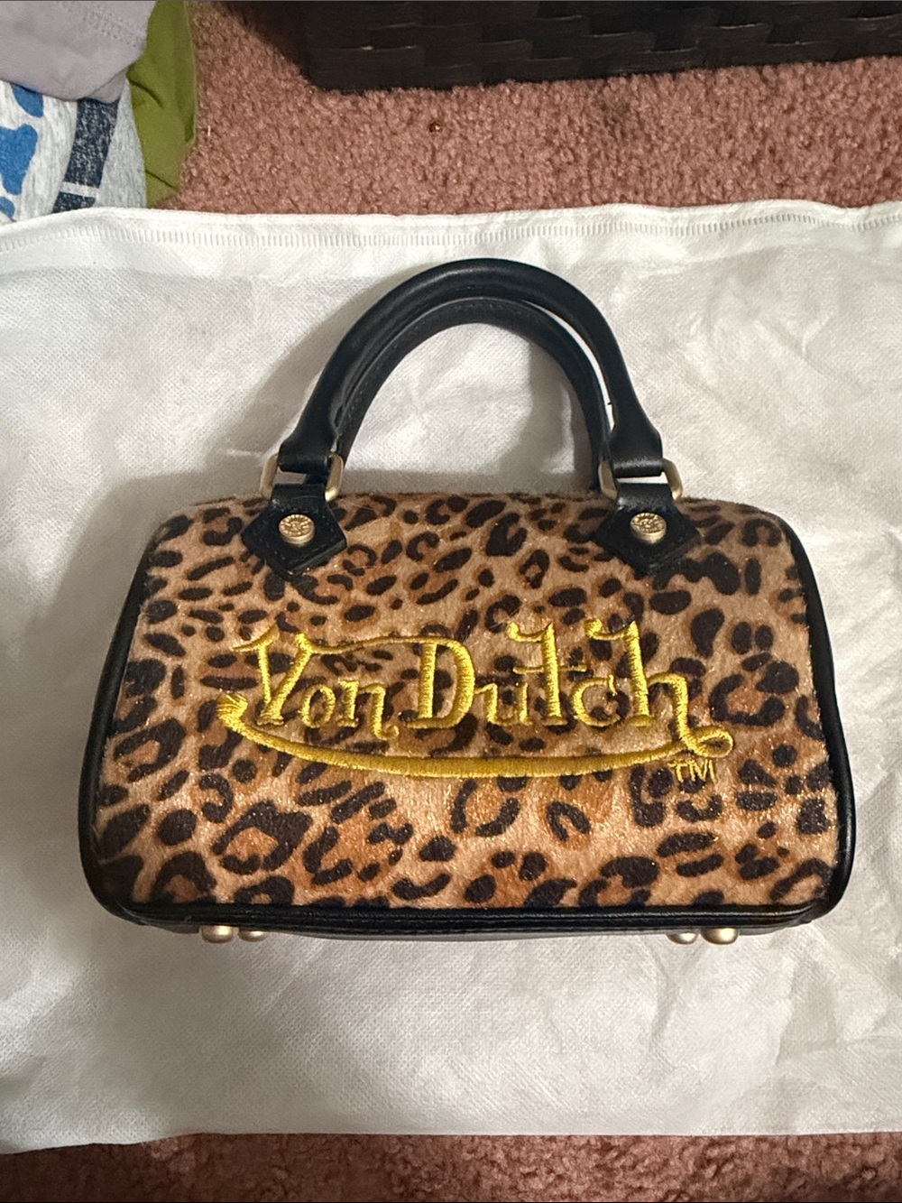 Von Dutch Leopard-Print Mini Satchel with Gold Logo Embroidery